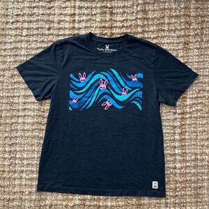 Psycho Bunny Graphic Tee Mens M (5) Black Pima Cotton Wave Bunny Logo T Shirt